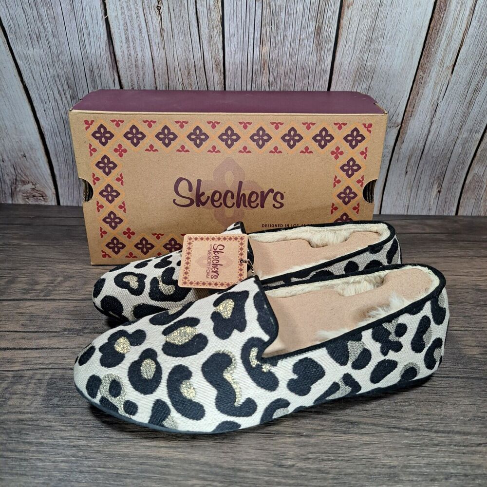 Skechers Cleo Cozy Loafer Natural Black Leopard Slipper Women's 7 (NIB) Faux Fur